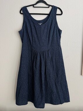 MadeHere Linen Dress Sz M Fit and Flare Navy Blue Dotted Stripe Tank Dress